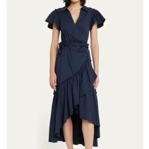 NWT Cinq A Sept Lila Ruffle Tiered Faux Wrap Side Tie Midi Dress Navy Size 0